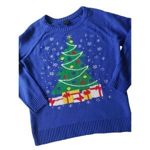 LOL Vintage Ugly Christmas Sweater Size Large Colorful Tree Holiday Blue Crew